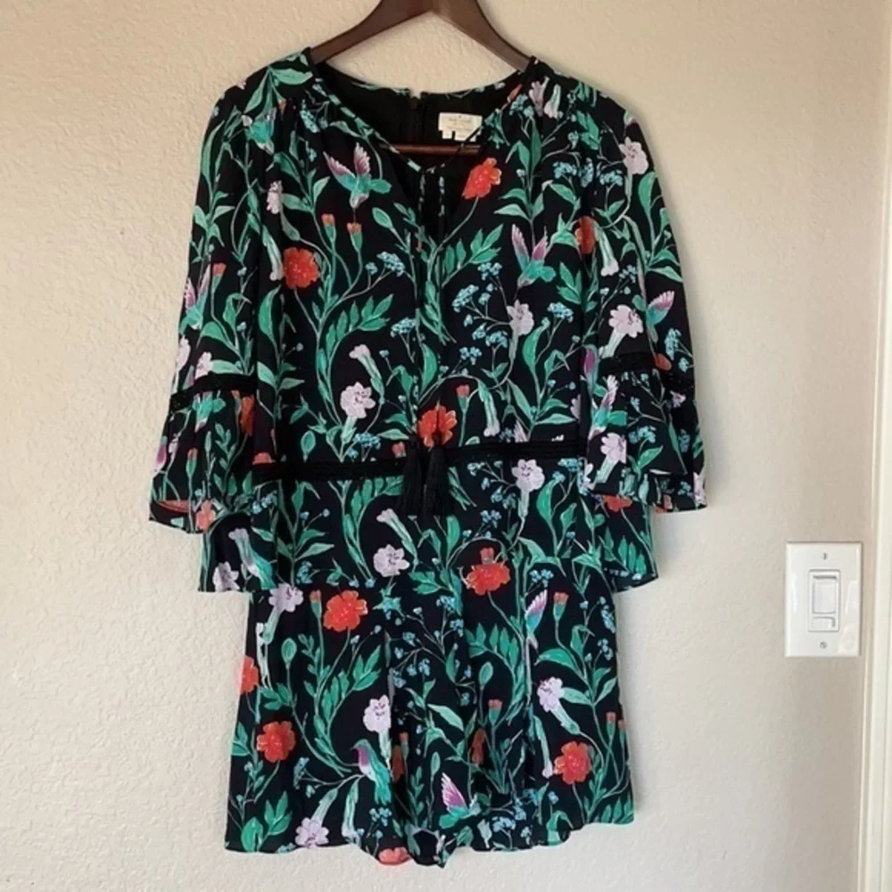 kate spade Black Floral Print Romper with Green and Red Accents